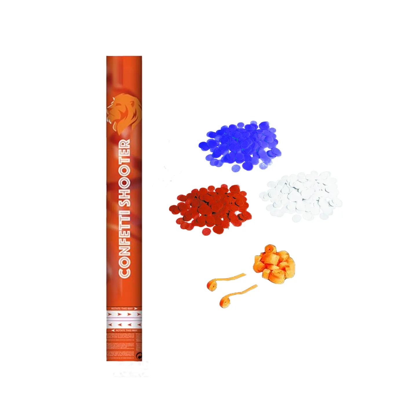 Confetti shooter 40cm rood wit blauw.