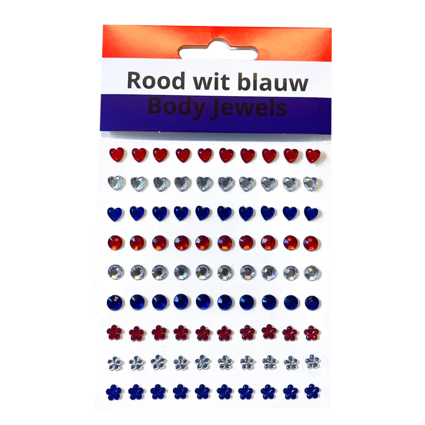Koningsdag body jewels rood/wit/blauw.