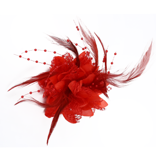 Haarclip bloem met veren rood