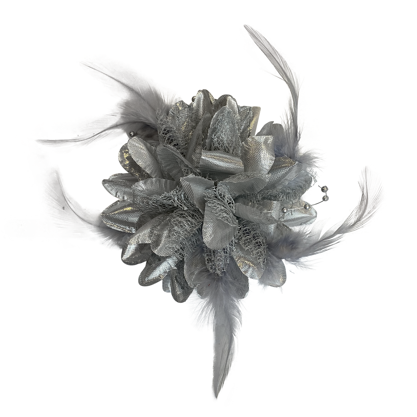 Haarclip bloem met veren zilver