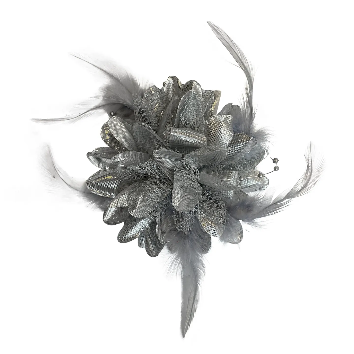 Haarclip bloem met veren zilver.