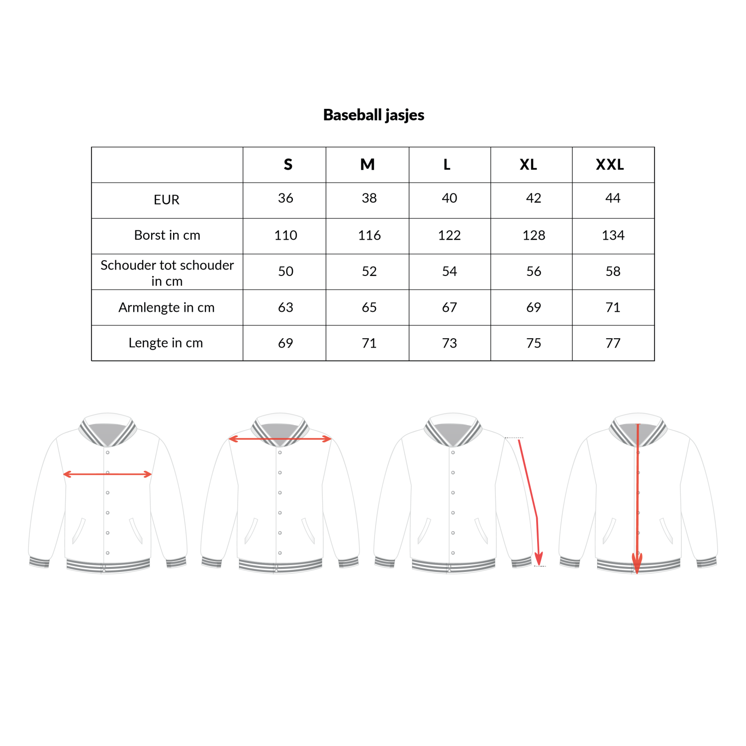 Kruikenstad baseball jacket maattabel