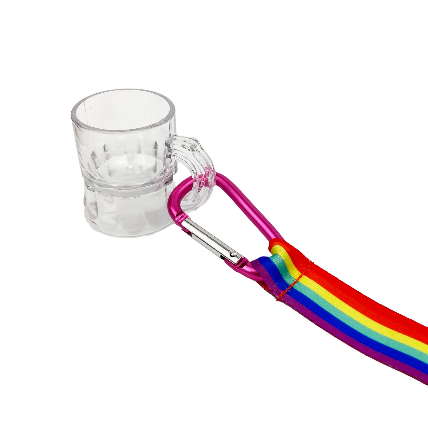 Regenboog keycord met shotglaasje.