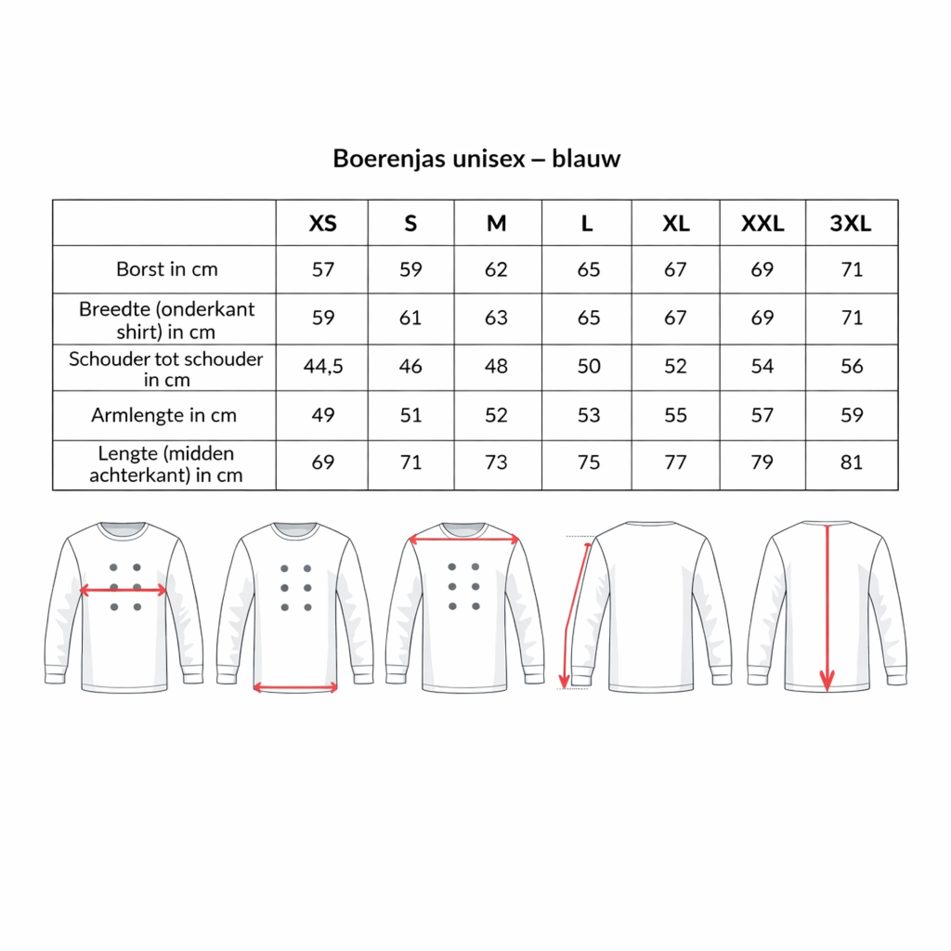 Boerenkiel unisex blauw maattabel