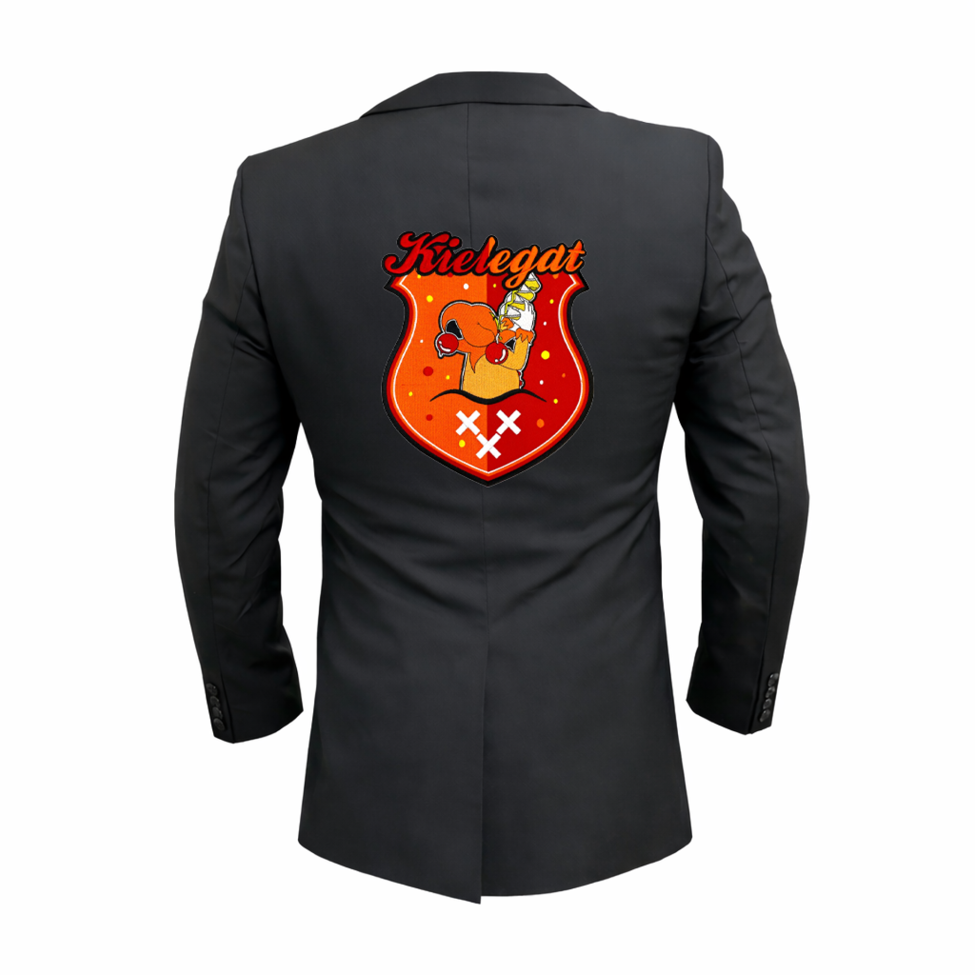 Heren kielegat jasje met emblemen achterkant