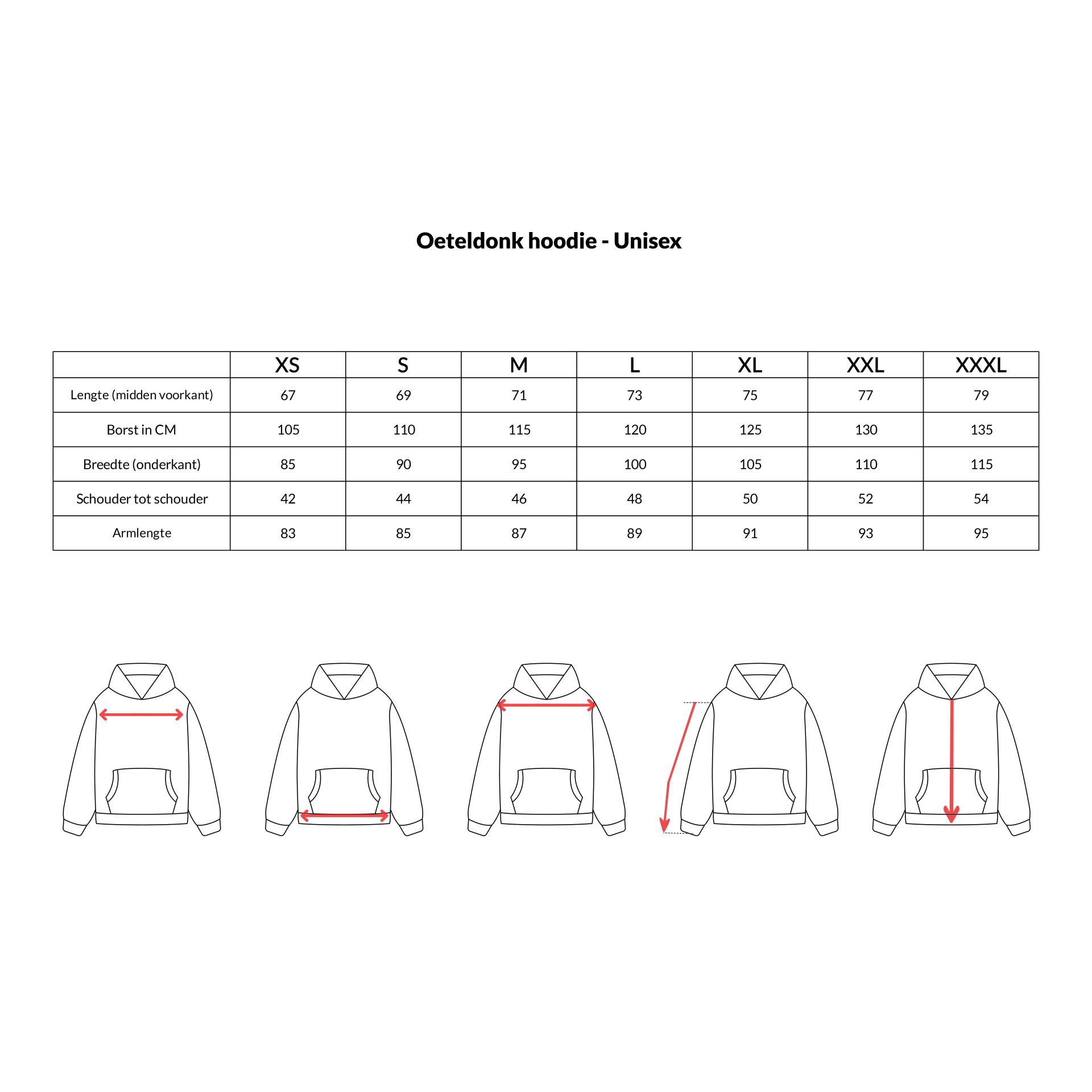 Oeteldonk hoodie unisex maattabel