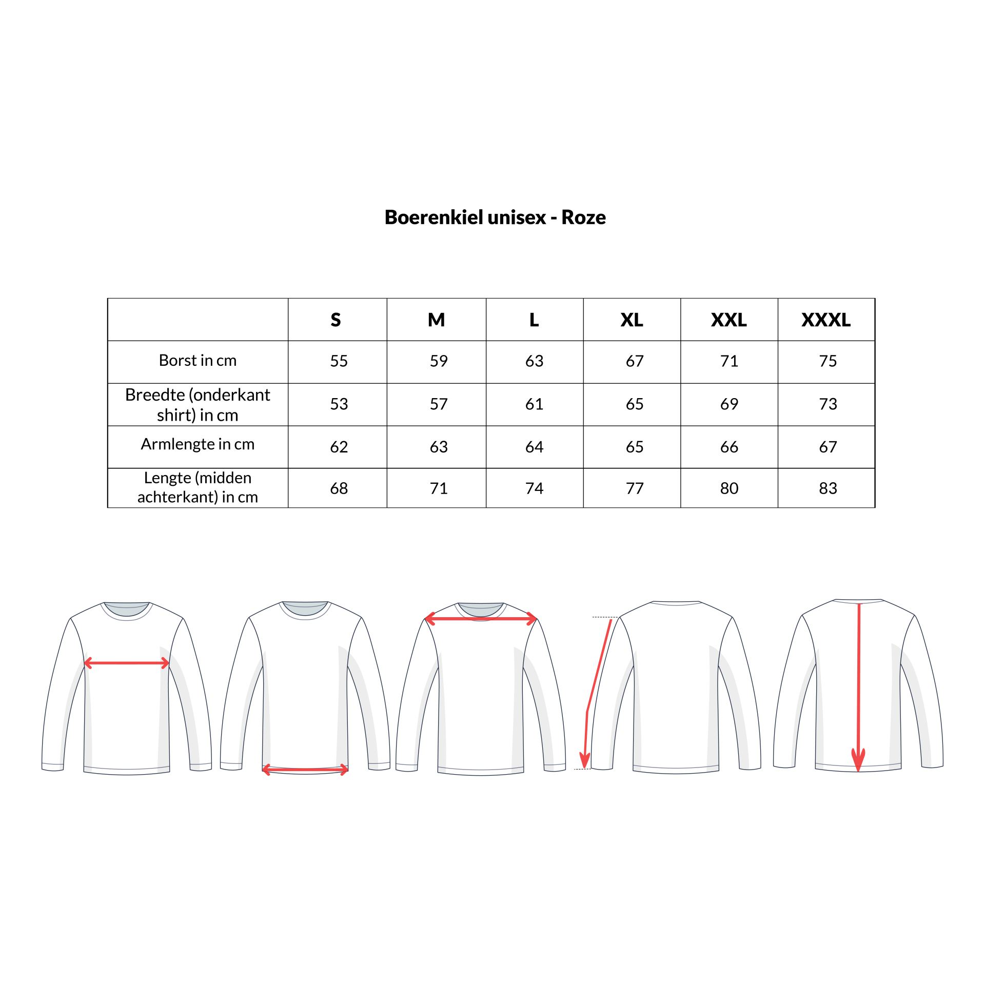 Boerenkiel unisex roze maattabel