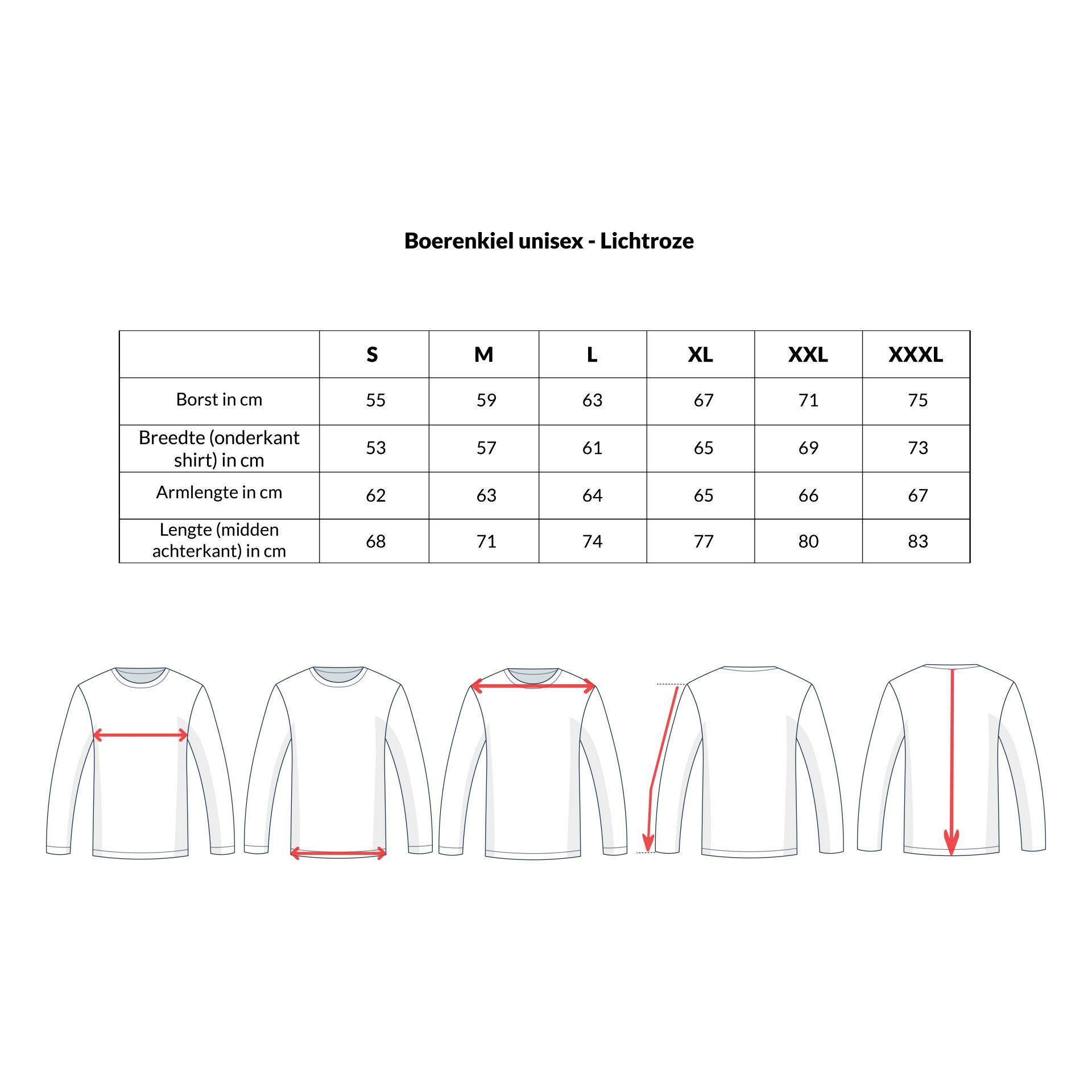 Boerenkiel unisex lichtroze maattabel