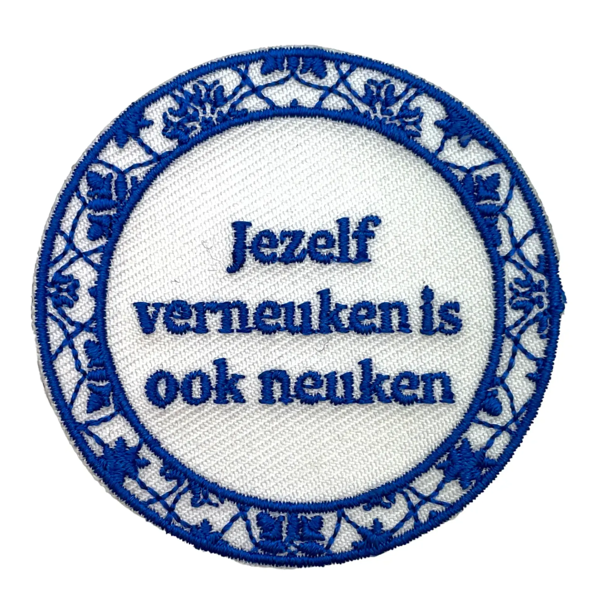 Blauw - geel embleem tegeltje jezelf verneuken.