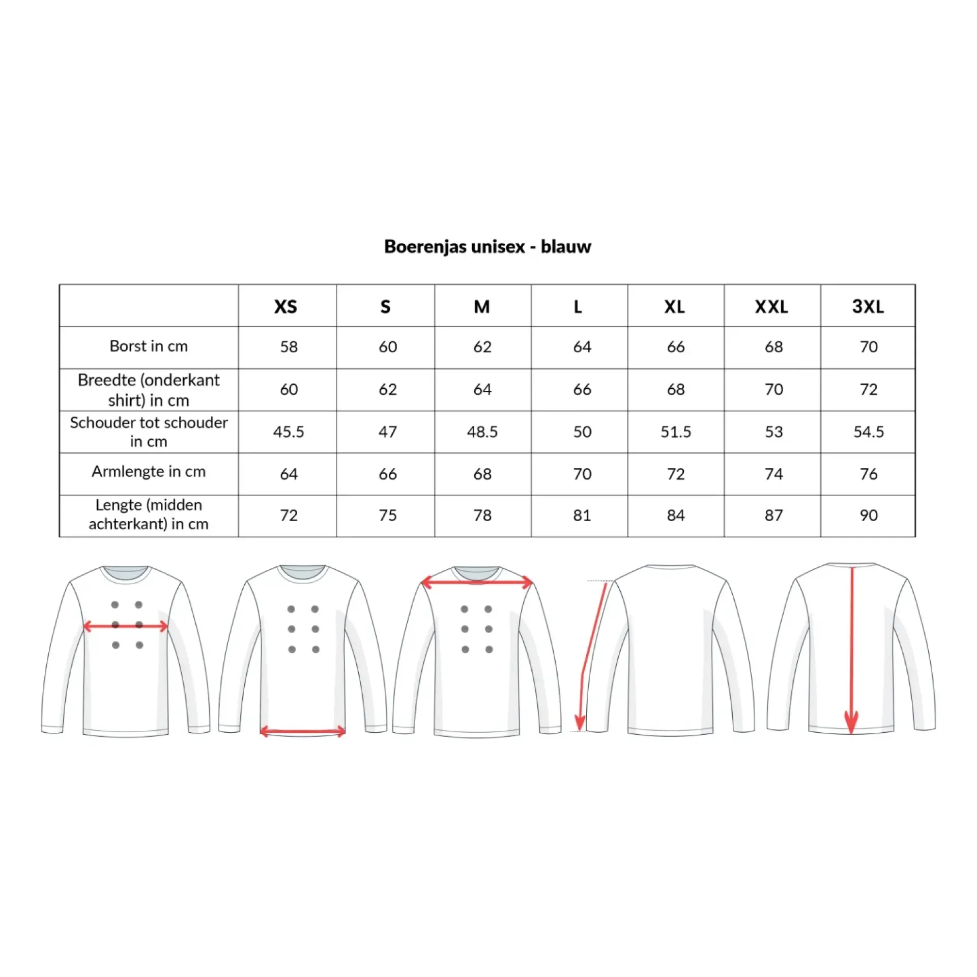 Boerenjas unisex maattabel.