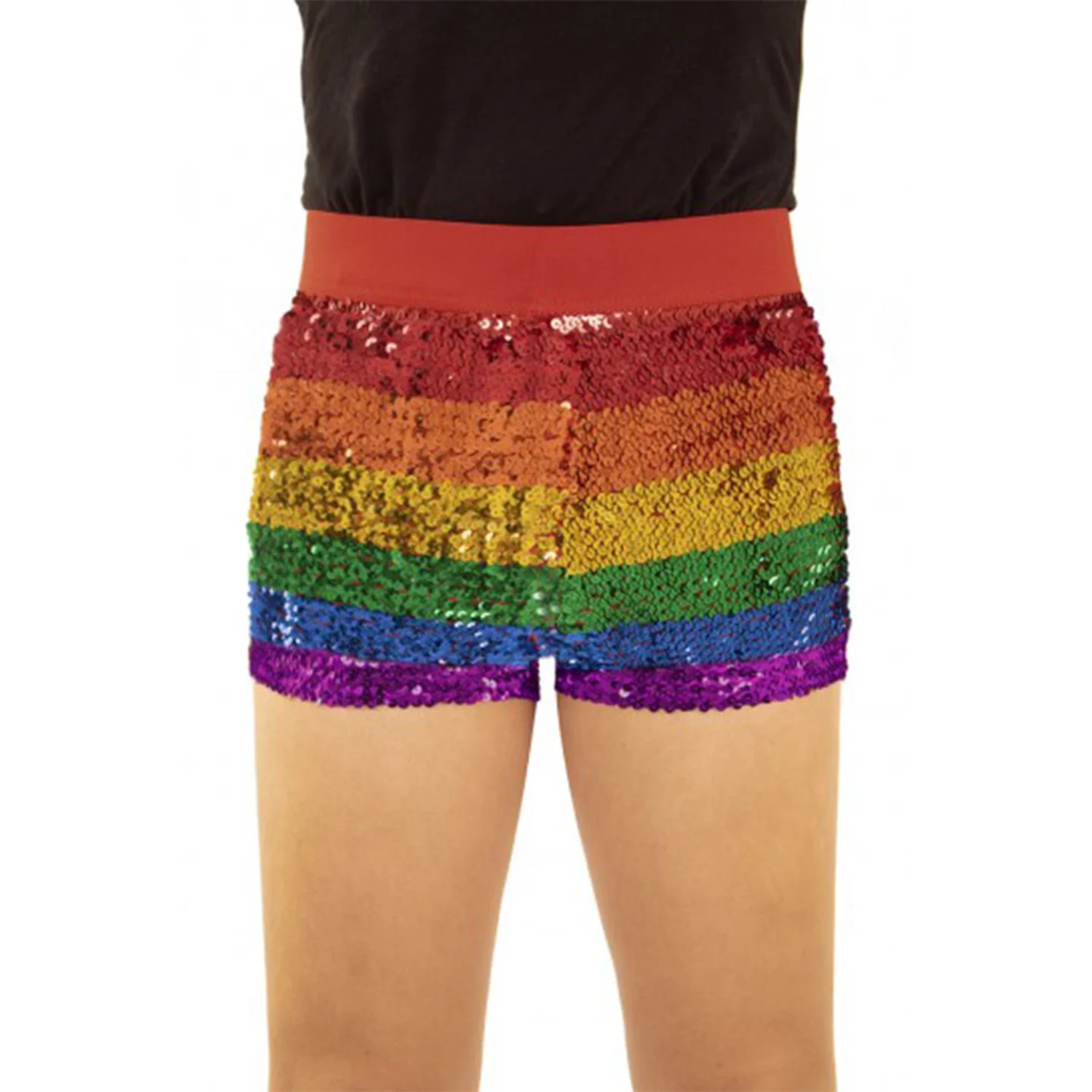 Hotpants met regenboog pailetten.