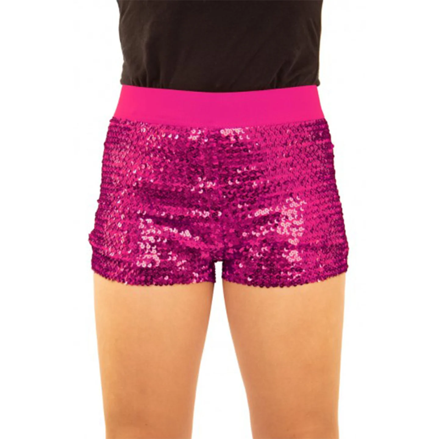 Hotpants met roze pailletten.